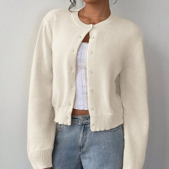 Beige Casual Women's Round Neck Long Sleeve Loose Cropped Sweater Cardigan - Picture 1 of 6